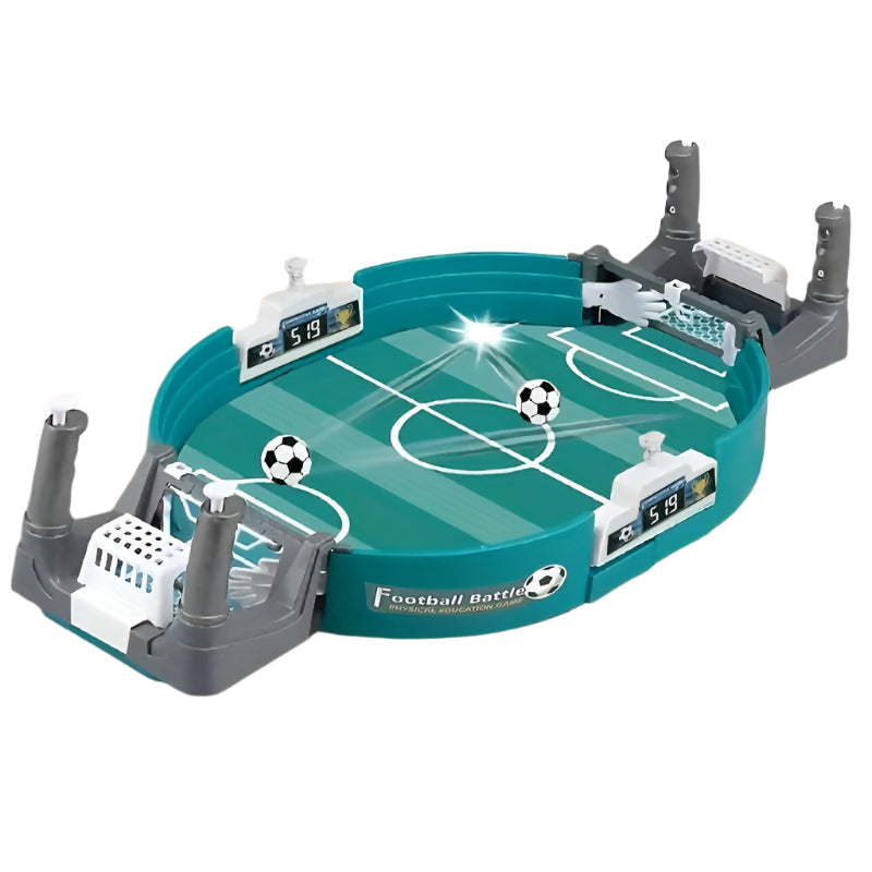Green plastic dual player tabletop soccer board game with mini footballs for kids and family.