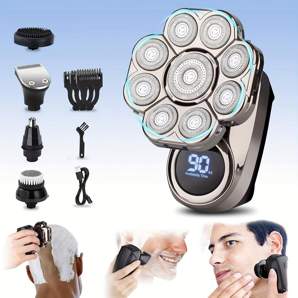 Black 6-in-1 electric shaver grooming kit with interchangeable trimming heads and USB charging cable — view 5