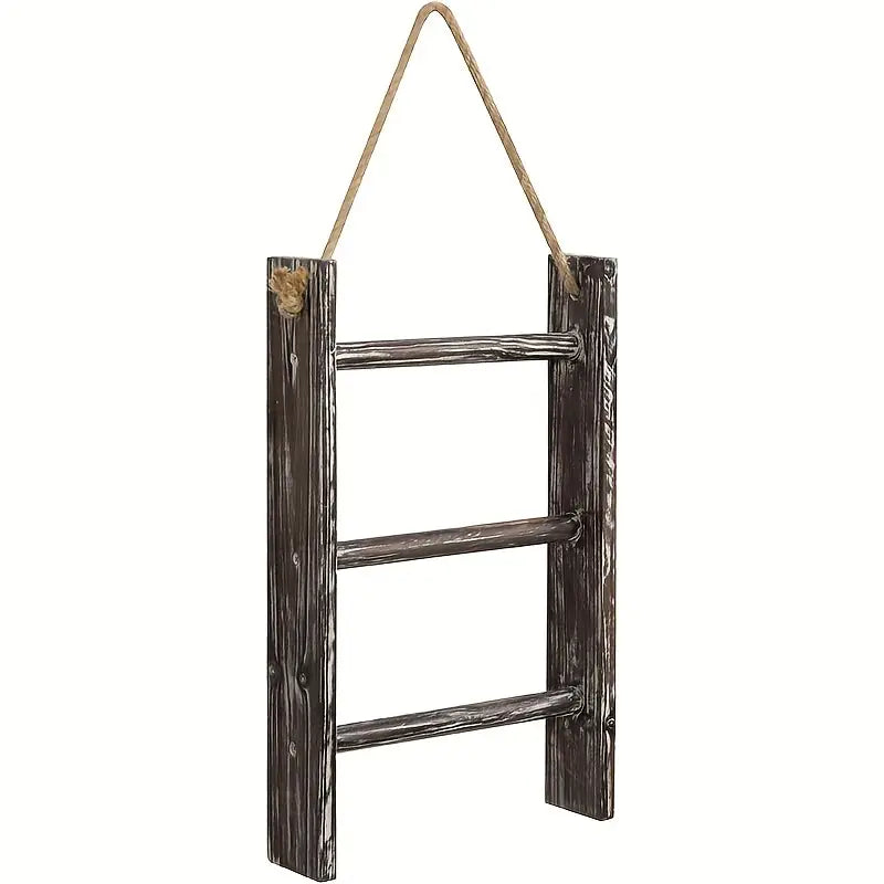 Rustic wood 3-tier wall hanging towel rack with ladder design and top rope detail