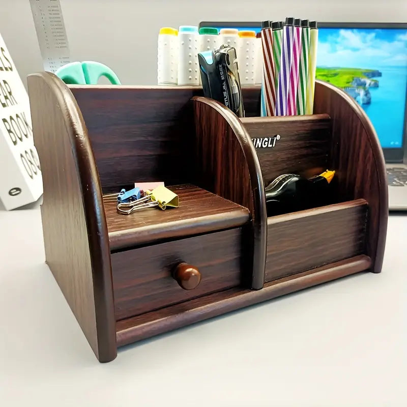 Wooden desk file organizer in dark brown finish with a drawer, document slots, and pen holder — view 5