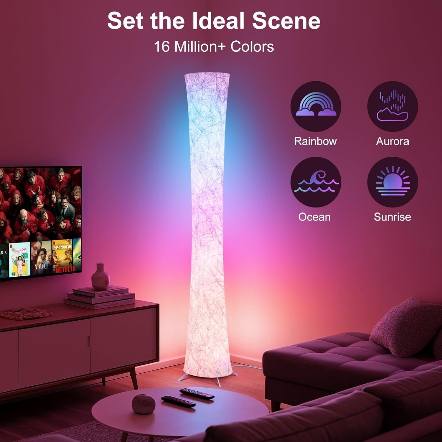 61-inch smart RGB LED floor lamp with color changing lights and a sleek modern profile — view 3