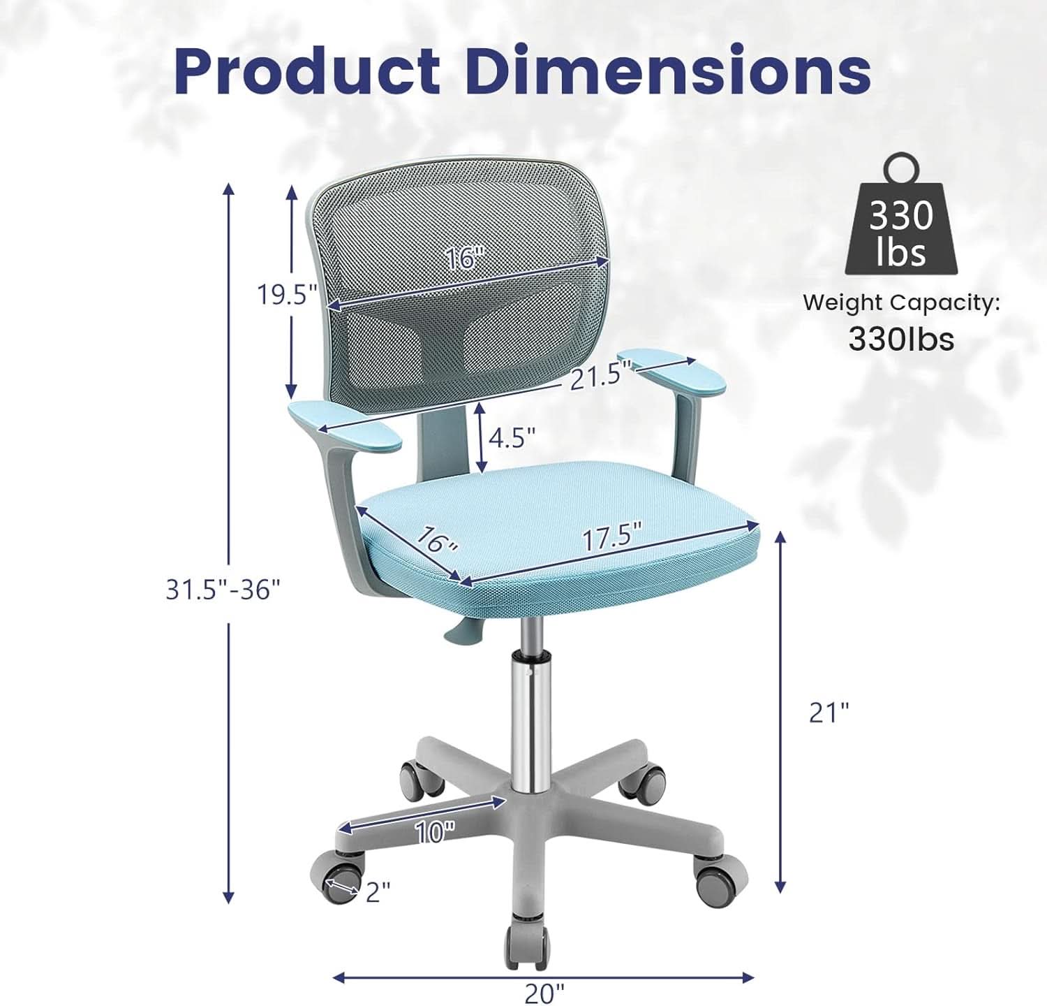 Ergonomic blue kids desk chair with breathable mesh back, adjustable height, and rolling casters — view 3