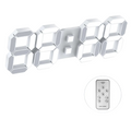 Modern 3D LED wall clock with large digital display, showing time and remote control accessories.