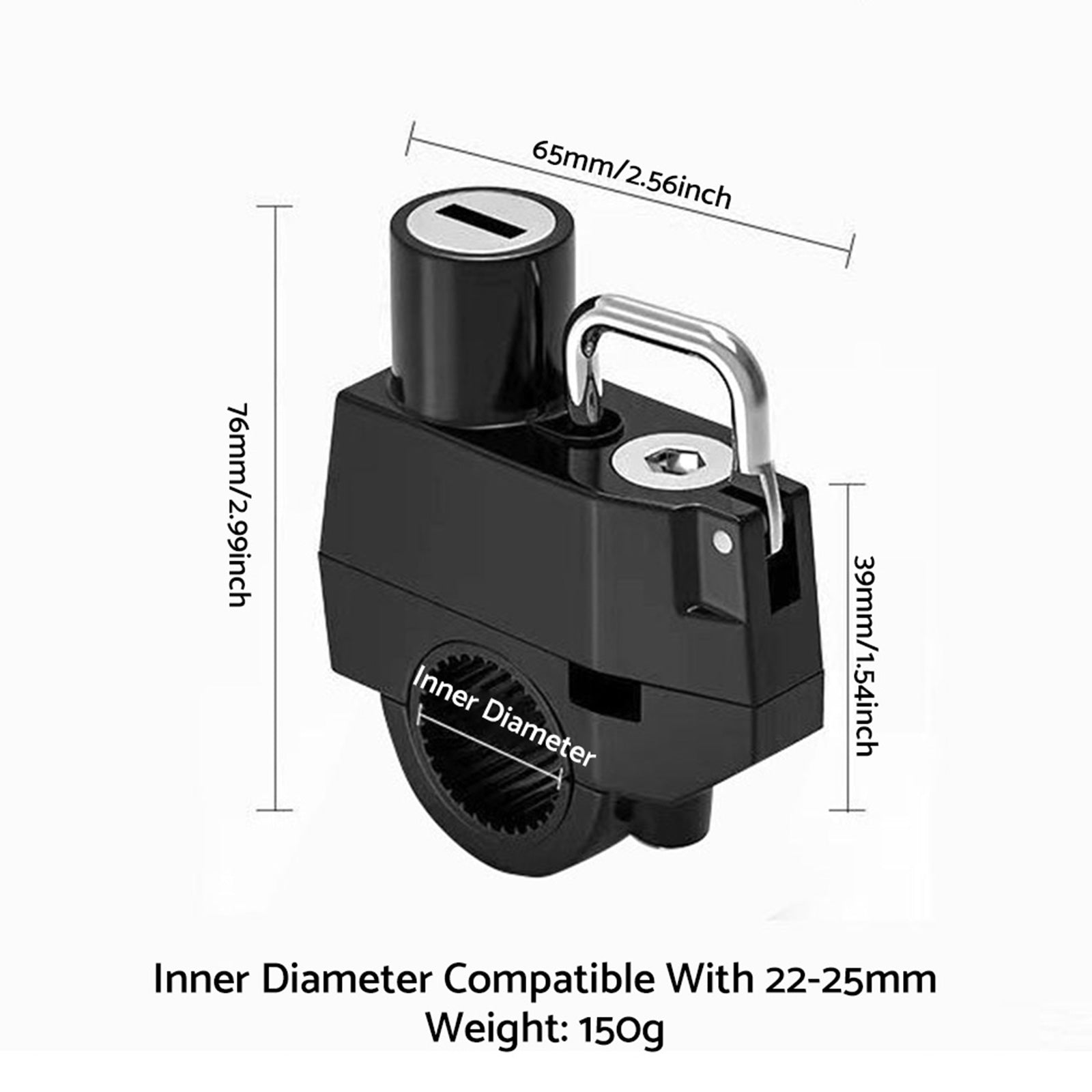 Black metal motorcycle helmet lock with two keys for 22mm and 25mm handlebar frame tubes — view 2
