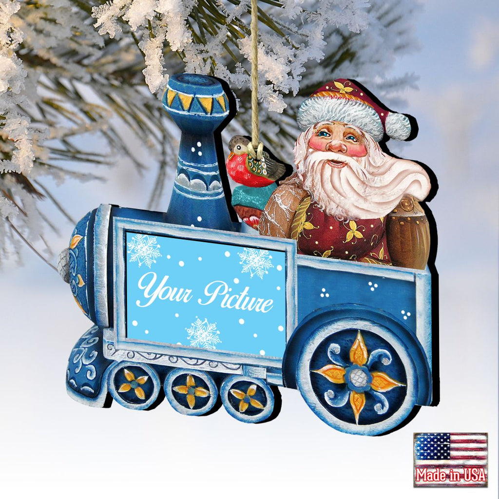 Wooden Christmas picture frame ornament featuring Santa and a snowman on a vintage train ride — view 2