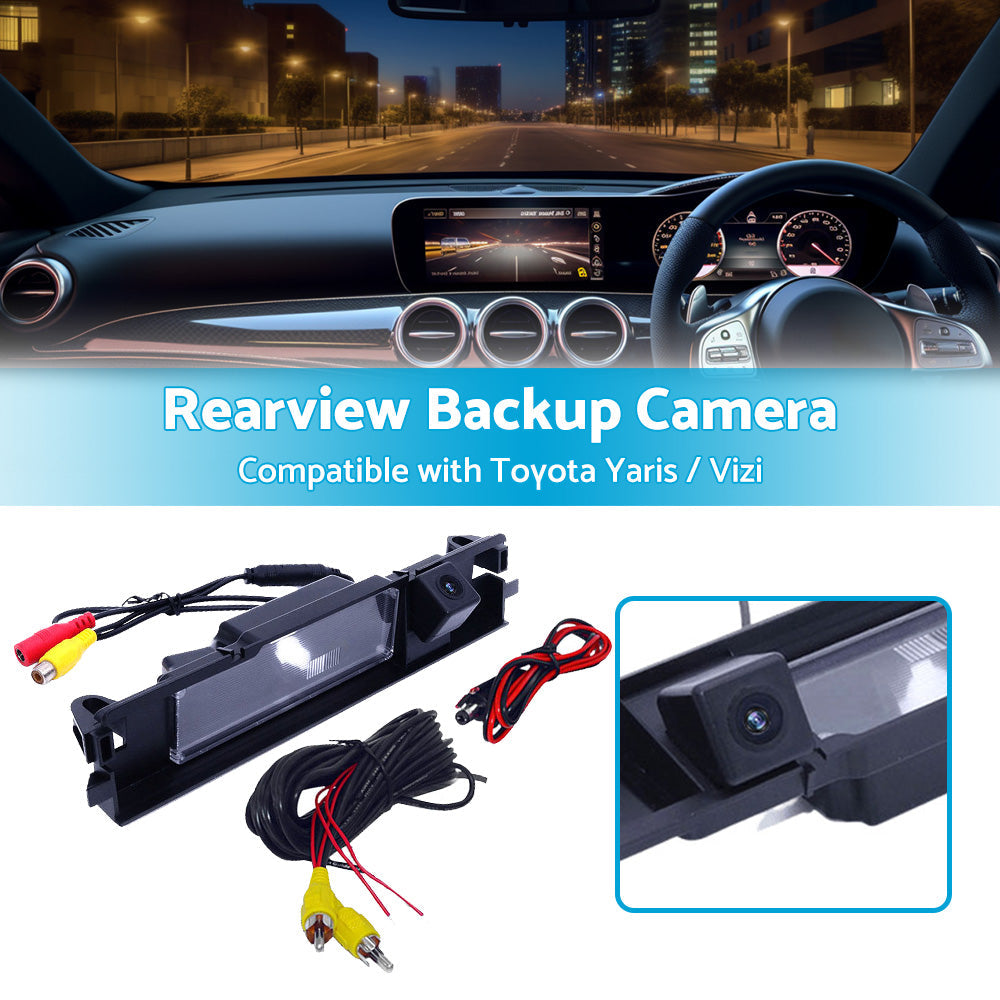Car reverse backup camera for Toyota Yaris with wiring cables and mounting accessories. — view 3