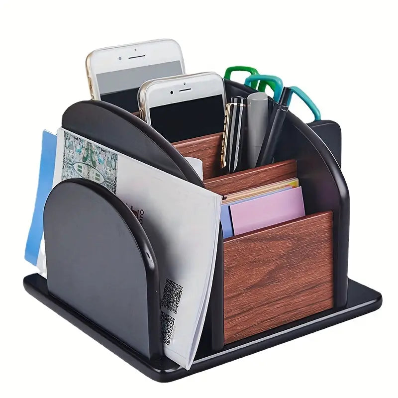 Wooden desktop organizer box with compartments for pens, remotes, and office desk accessories. — view 5
