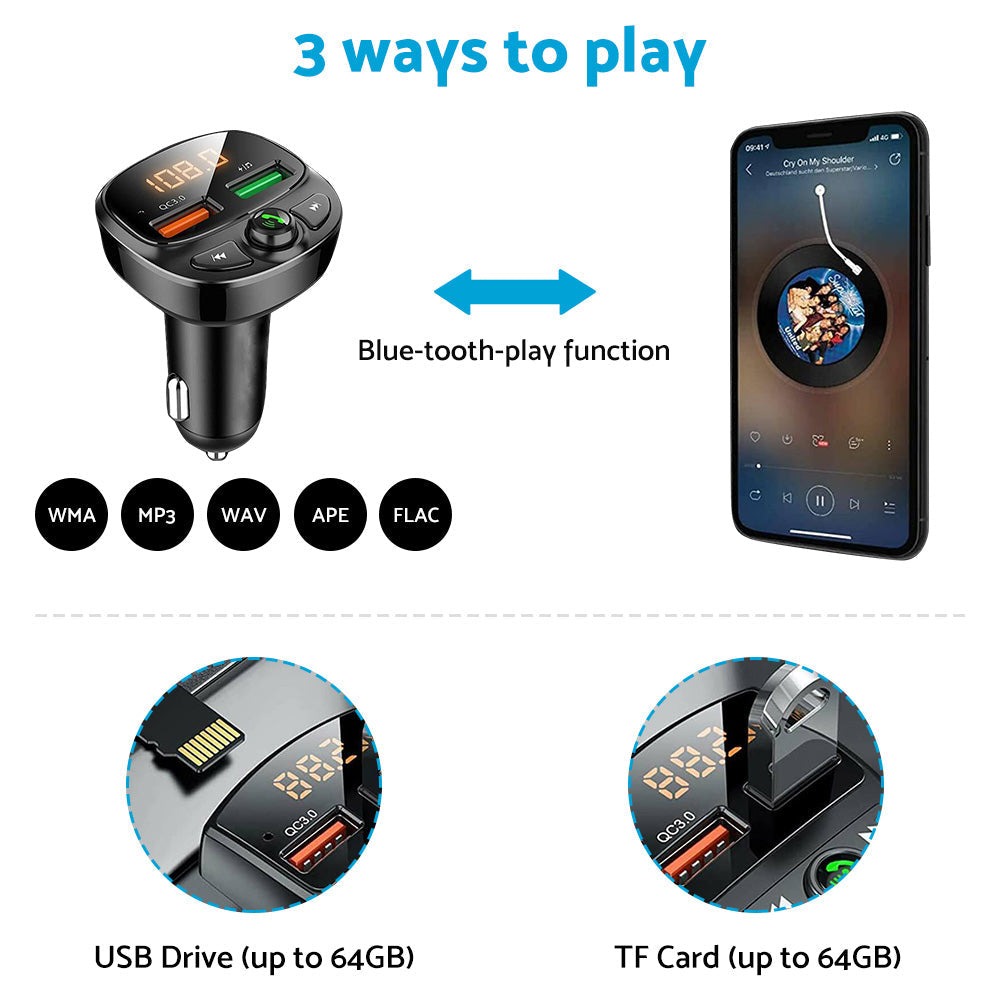 Black wireless car FM transmitter and dual USB phone charger plugged into vehicle socket. — view 4