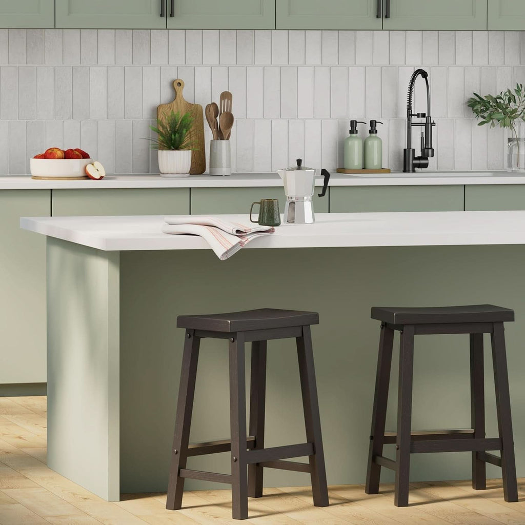 Set of two black solid wood saddle seat bar stools with square legs — view 2