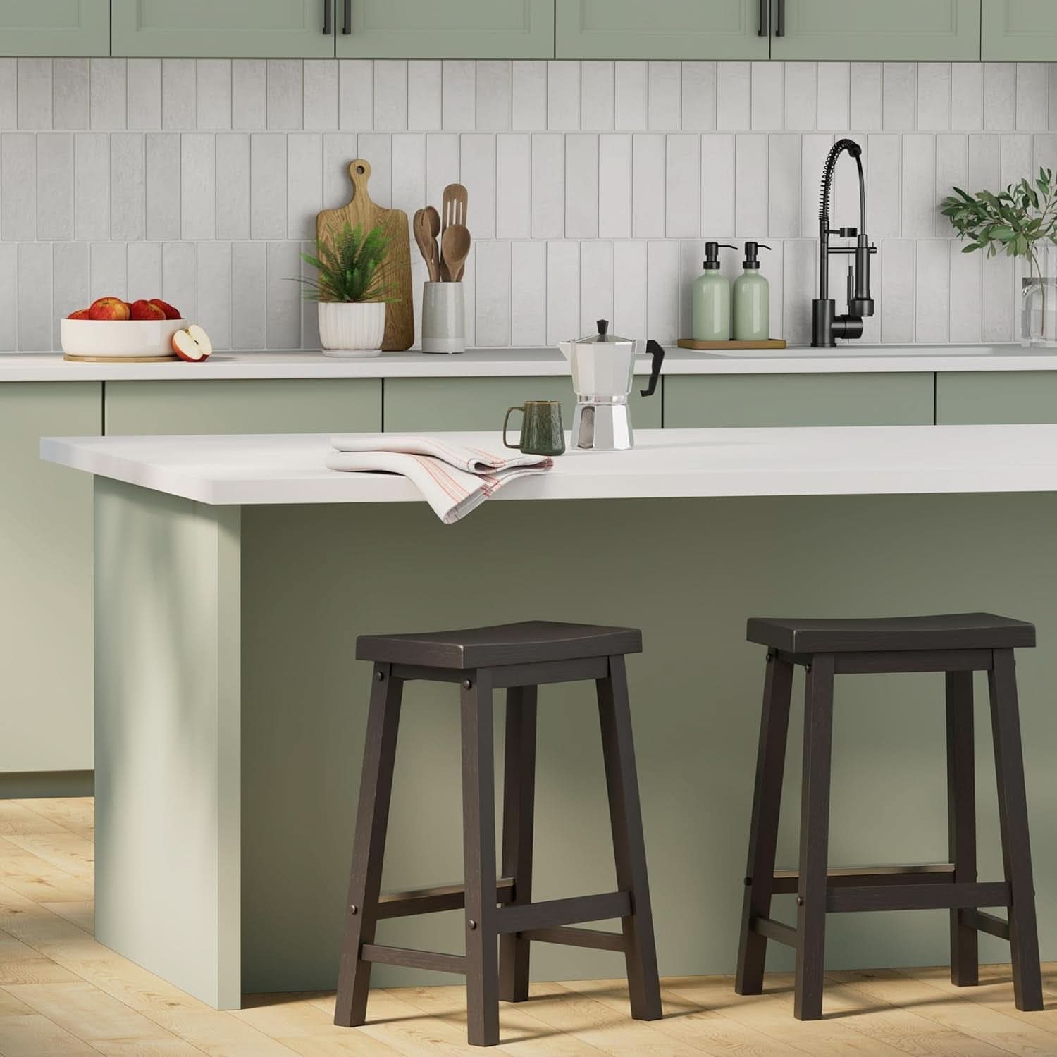 Set of two black solid wood saddle seat bar stools with square legs — view 2