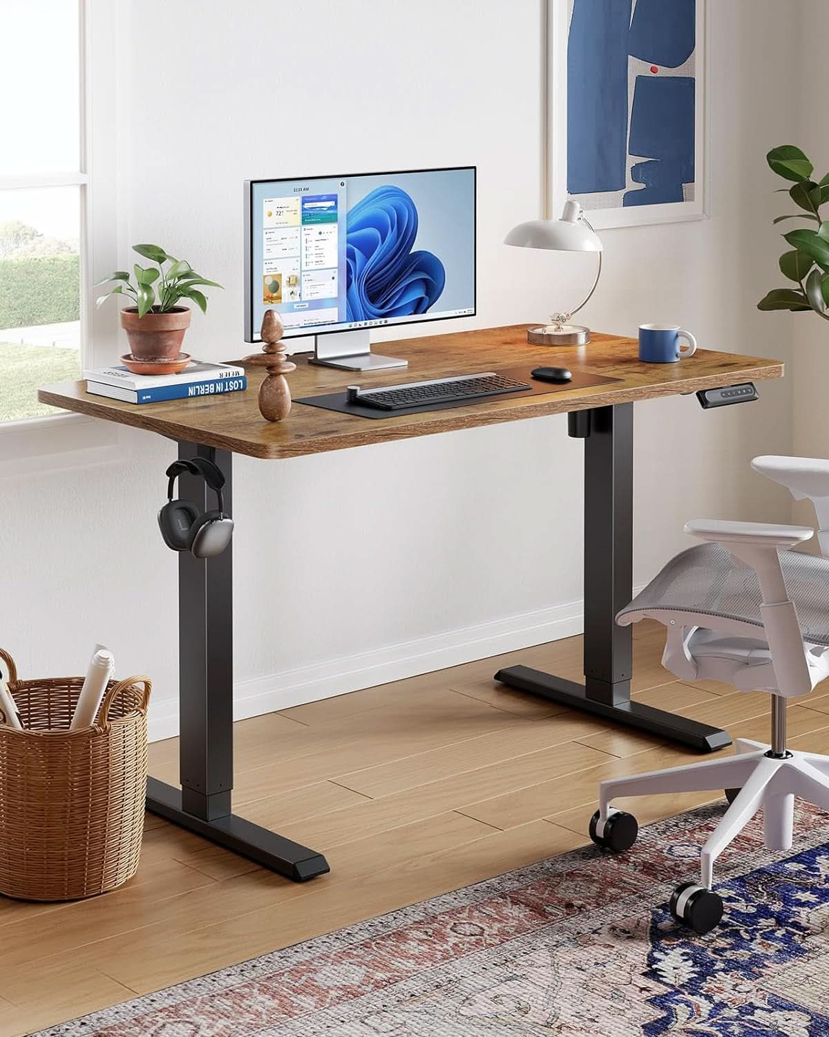 Vintage brown electric standing desk with adjustable steel frame for modern home office workstations. — view 2