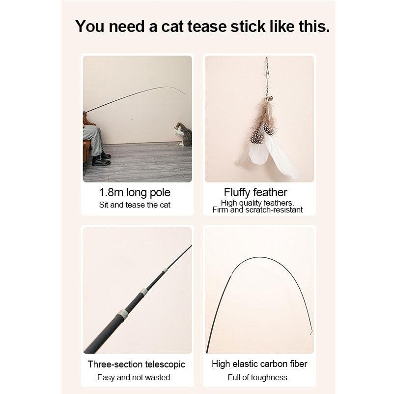Extendable feather teaser cat toy wand with vibrant attachments and a long metallic telescopic handle — view 3