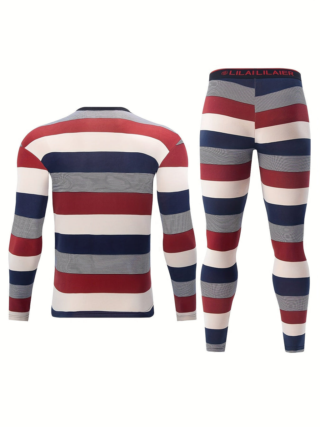 Men's black and striped 4-piece winter thermal ski underwear set with crew neck top and pants — view 3