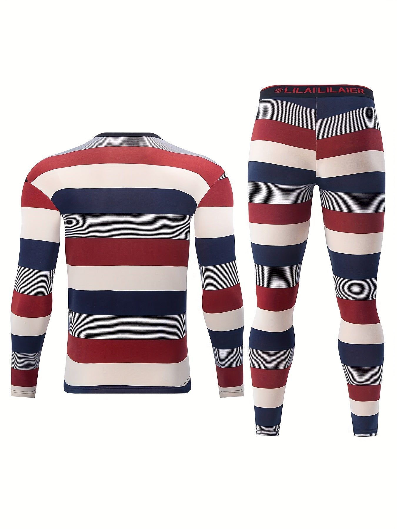Men's black and striped 4-piece winter thermal ski underwear set with crew neck top and pants — view 3