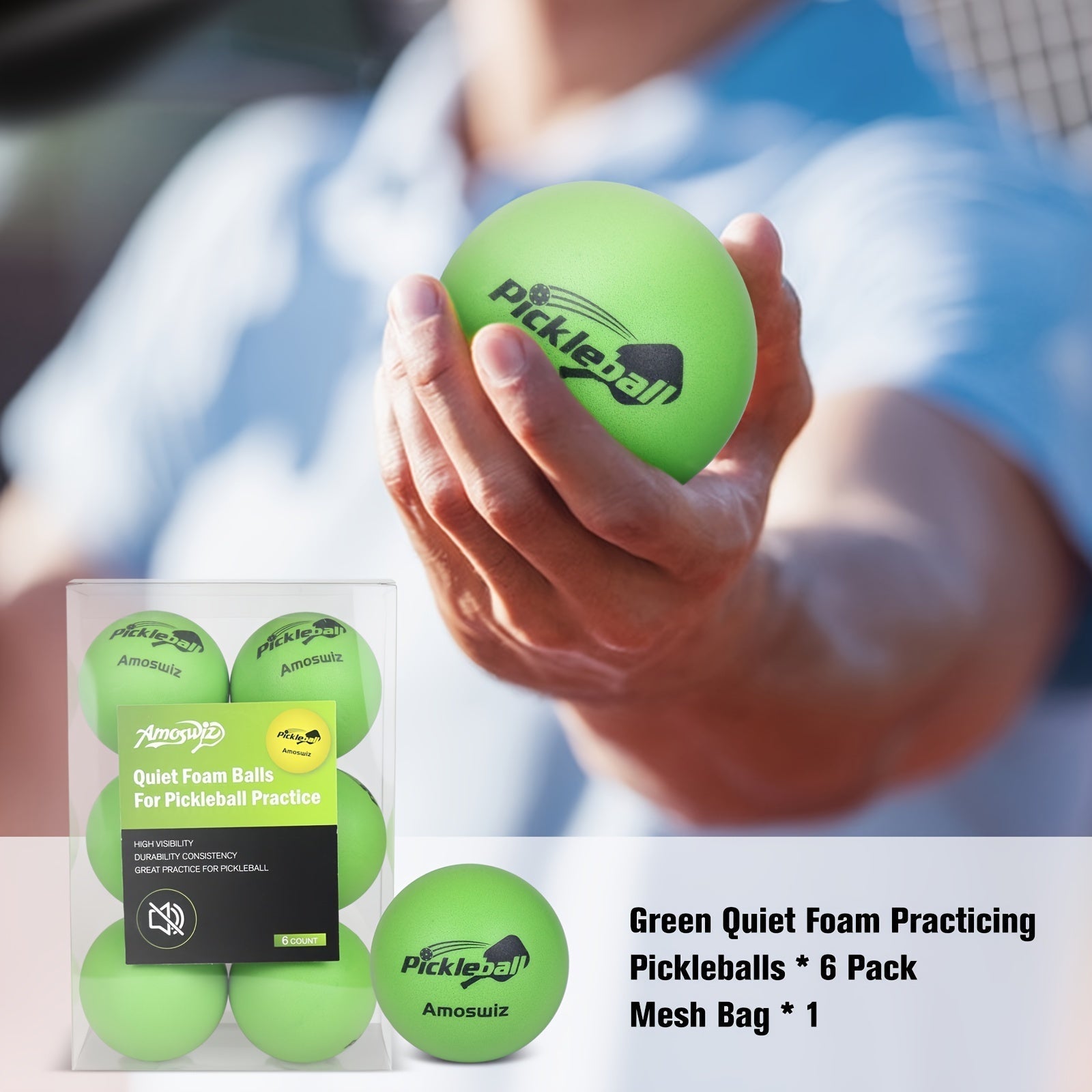 Six green foam training pickleballs arranged in a white mesh storage bag for indoor practice — view 4