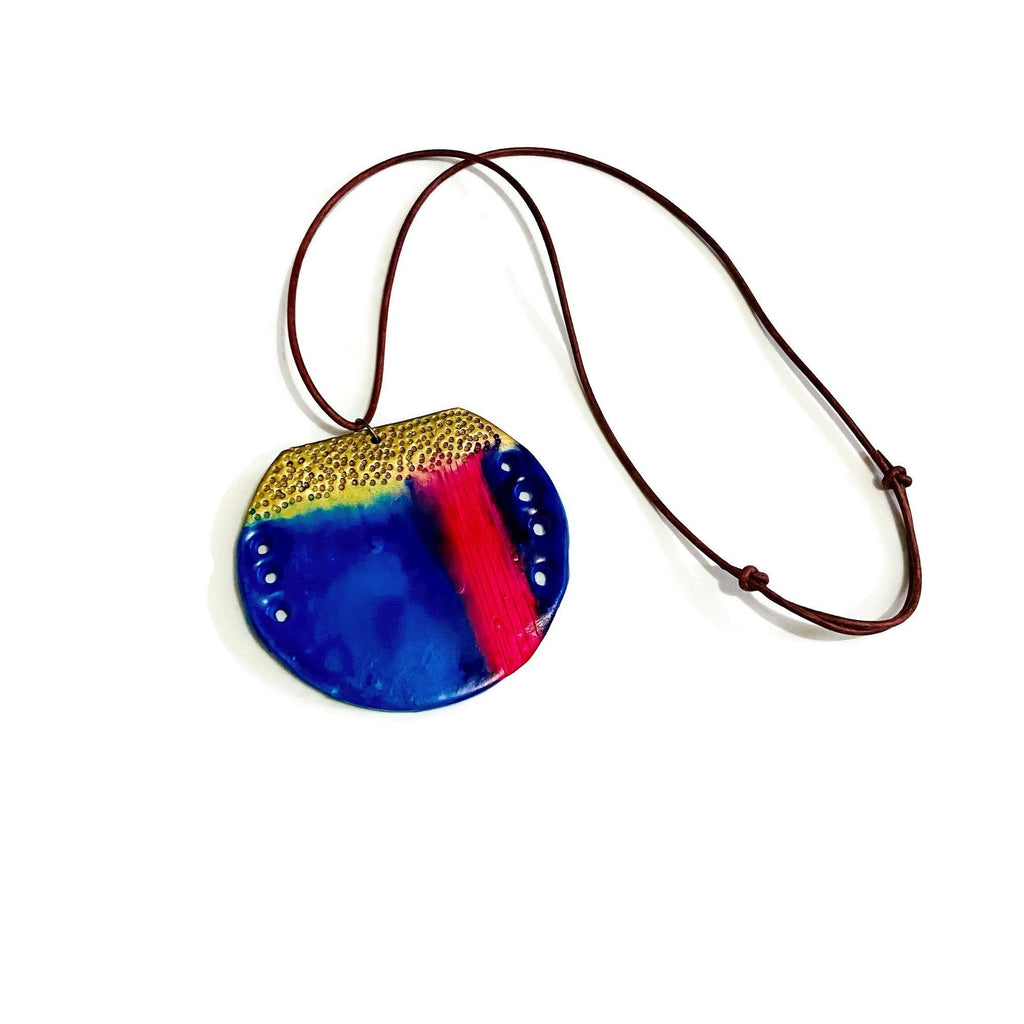 Abstract Circle Pendant Necklace | Blue, Pink & Gold Polymer Clay-1