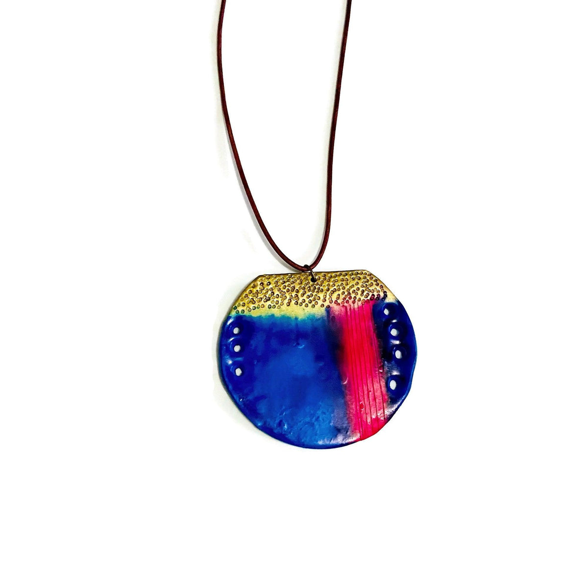 Abstract Circle Pendant Necklace | Blue, Pink & Gold Polymer Clay-3