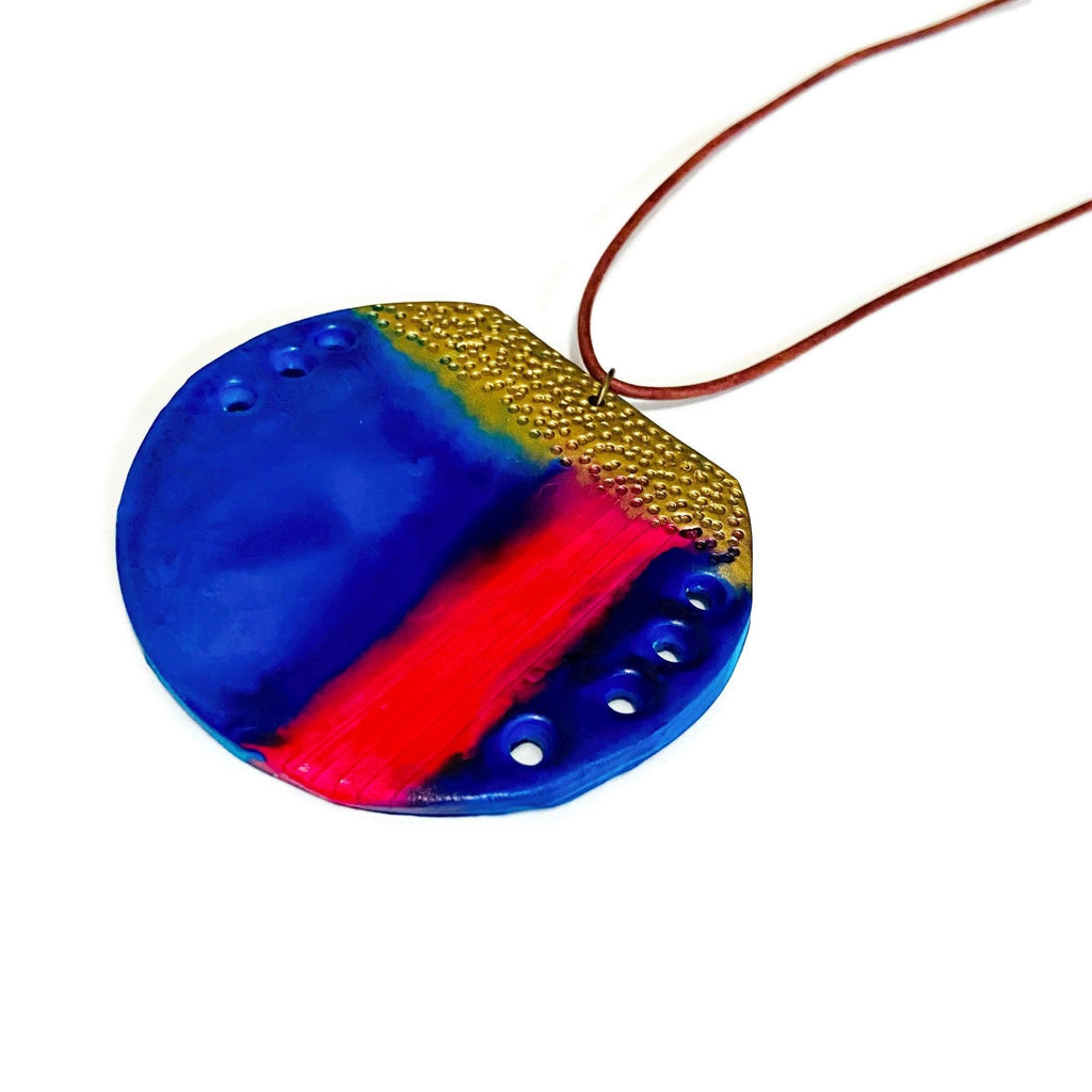 Abstract Circle Pendant Necklace | Blue, Pink & Gold Polymer Clay-4