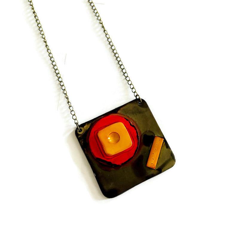 Abstract Geometric Pendant Necklace in Gray, Red, Yellow. Chunky Handmade Polymer Clay-1