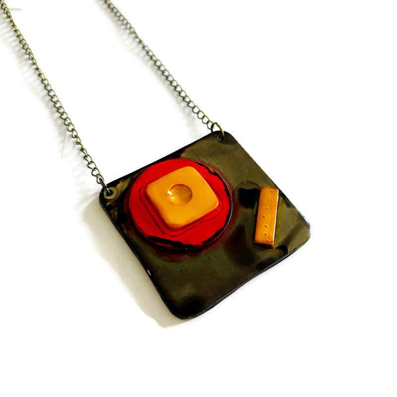 Abstract Geometric Pendant Necklace in Gray, Red, Yellow. Chunky Handmade Polymer Clay-2