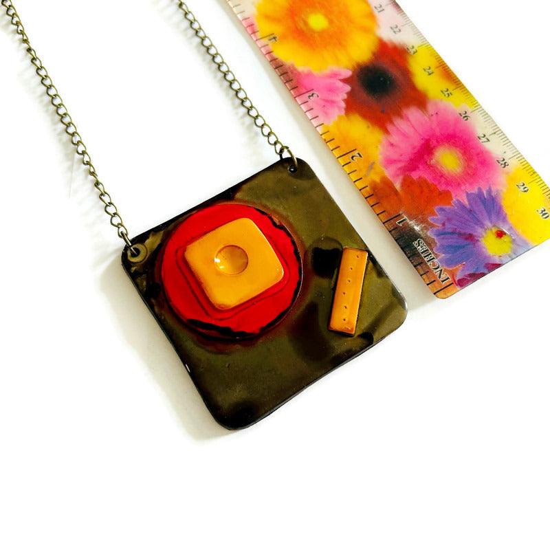 Abstract Geometric Pendant Necklace in Gray, Red, Yellow. Chunky Handmade Polymer Clay-3