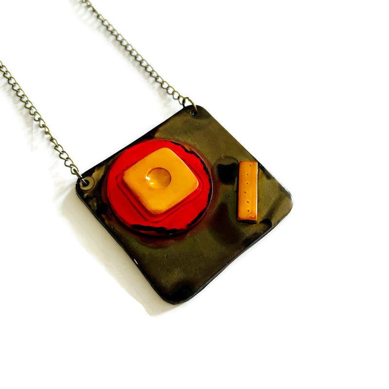Abstract Geometric Pendant Necklace in Gray, Red, Yellow. Chunky Handmade Polymer Clay-4