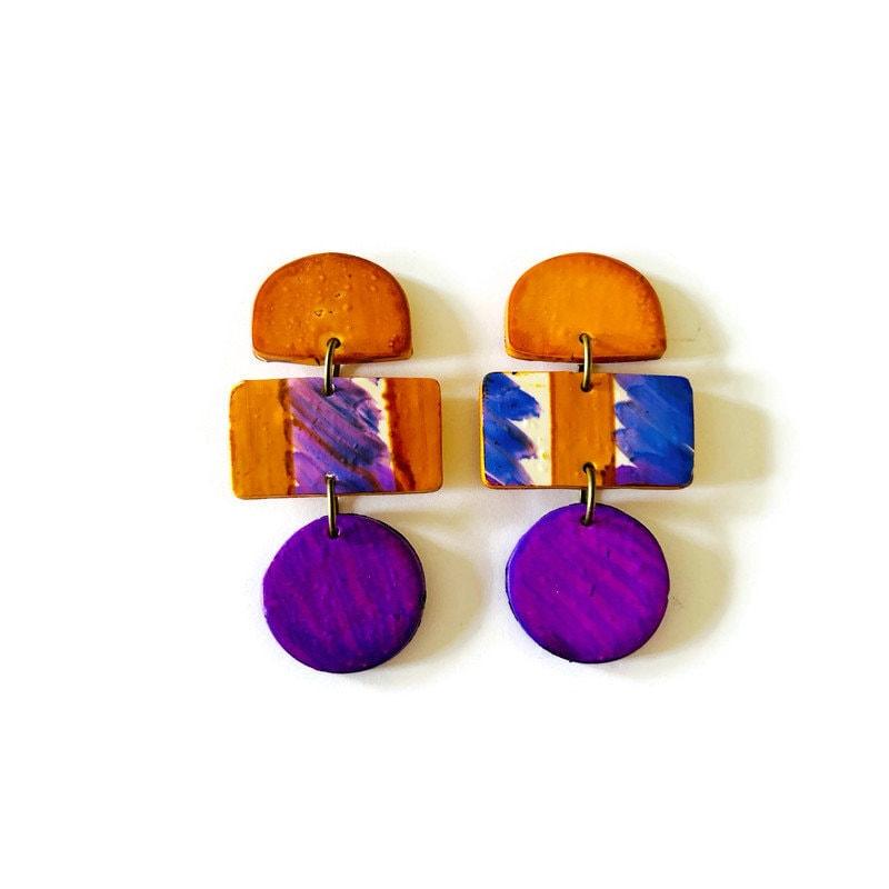 Abstract Statement Earrings in Orange Purple White-0