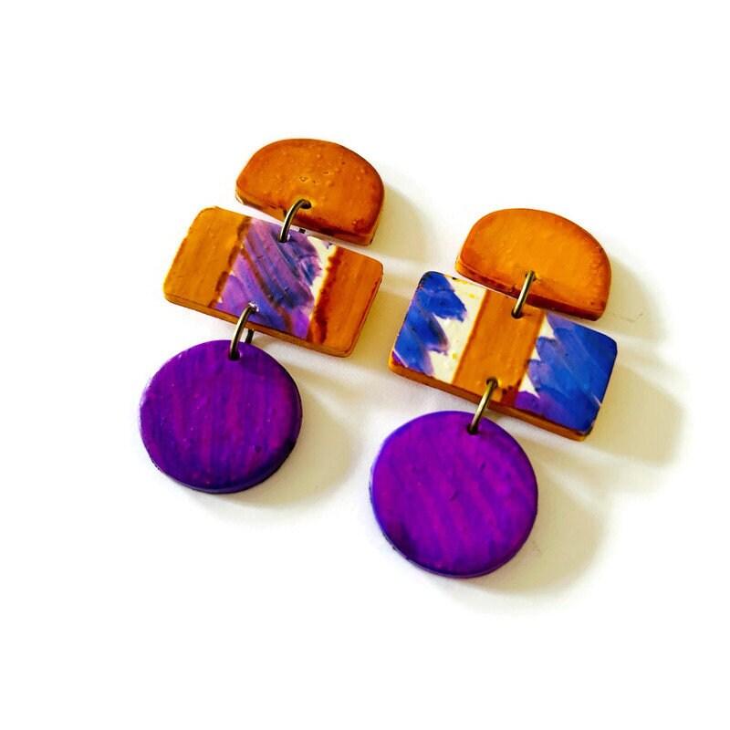 Abstract Statement Earrings in Orange Purple White-1