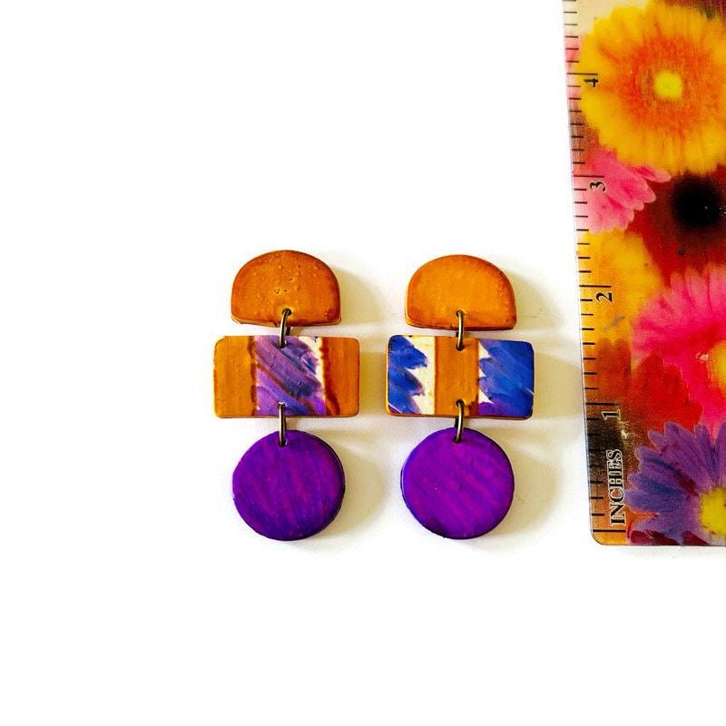 Abstract Statement Earrings in Orange Purple White-2
