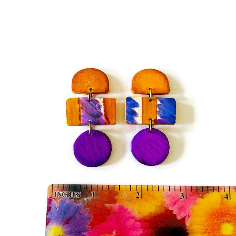 Abstract Statement Earrings in Orange Purple White-3