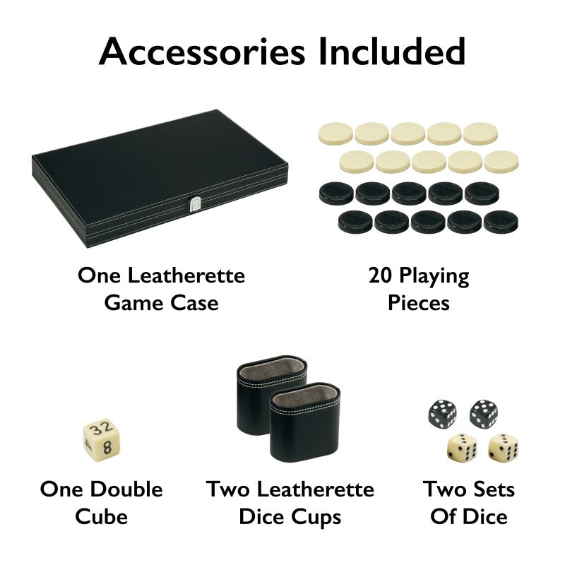 Classic 18-inch black leatherette backgammon board set with white and black playing pieces and dice — view 2
