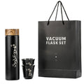 Black insulated coffee gift set with 400ml stainless steel travel flask, wood lid, and two cups