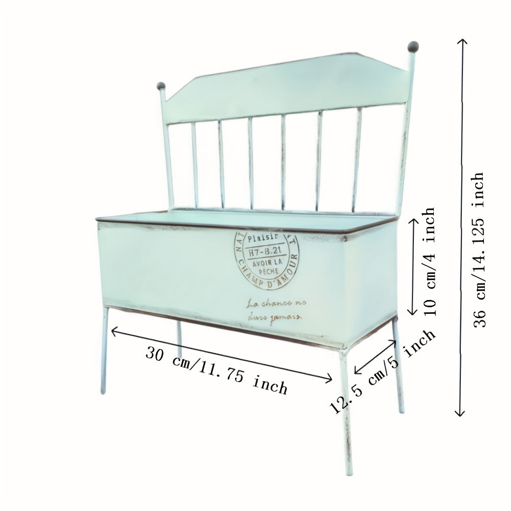 Vintage chair garden planter in cream metal with a square wooden base and built-in drainage — view 2