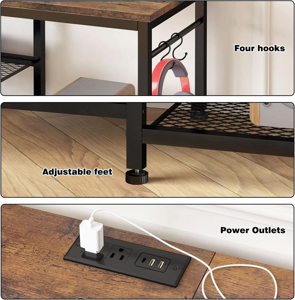 Rustic brown 47.2 inch TV stand with open mesh shelving side hooks and a charging station — view 3