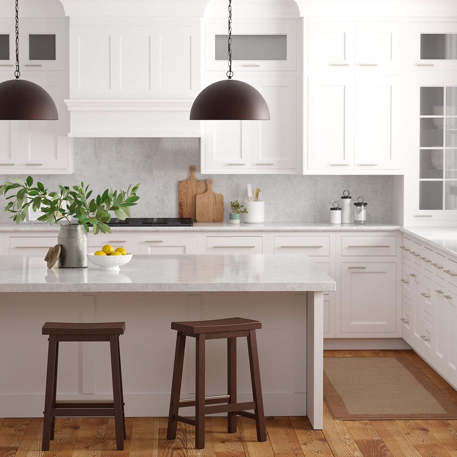 Set of two solid wood saddle seat counter stools in a rich dark walnut finish — view 2