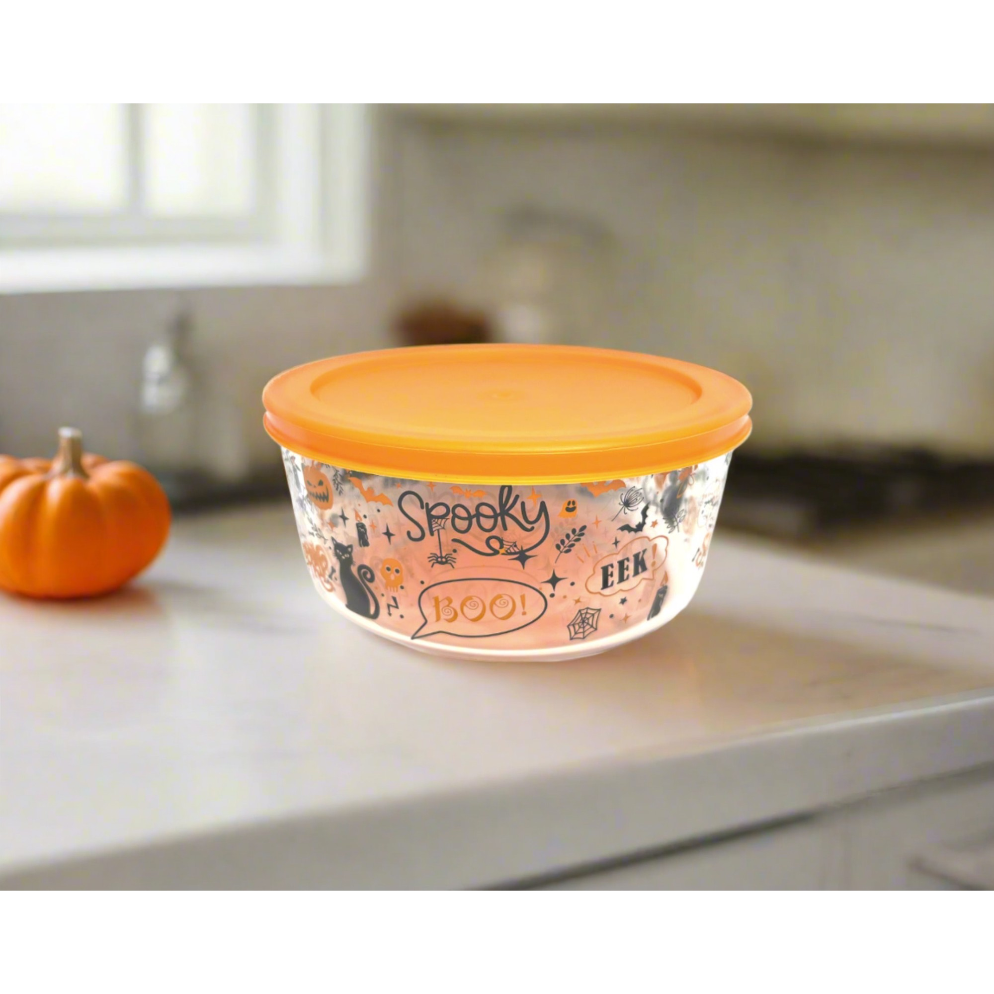 Round 32oz glass food storage containers with airtight lids and festive Halloween themed designs — view 5