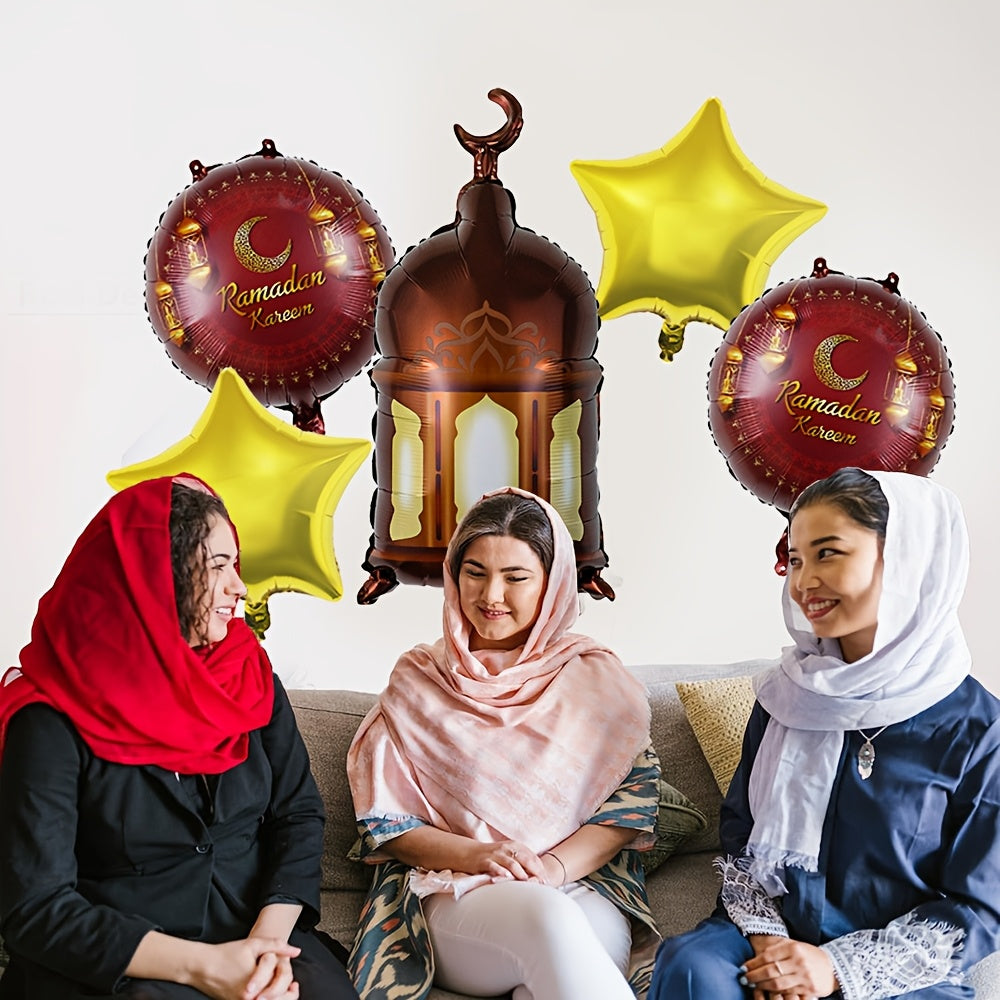 Five-piece Ramadan and Eid aluminum foil balloon set featuring moon, star, and lighthouse shapes. — view 3