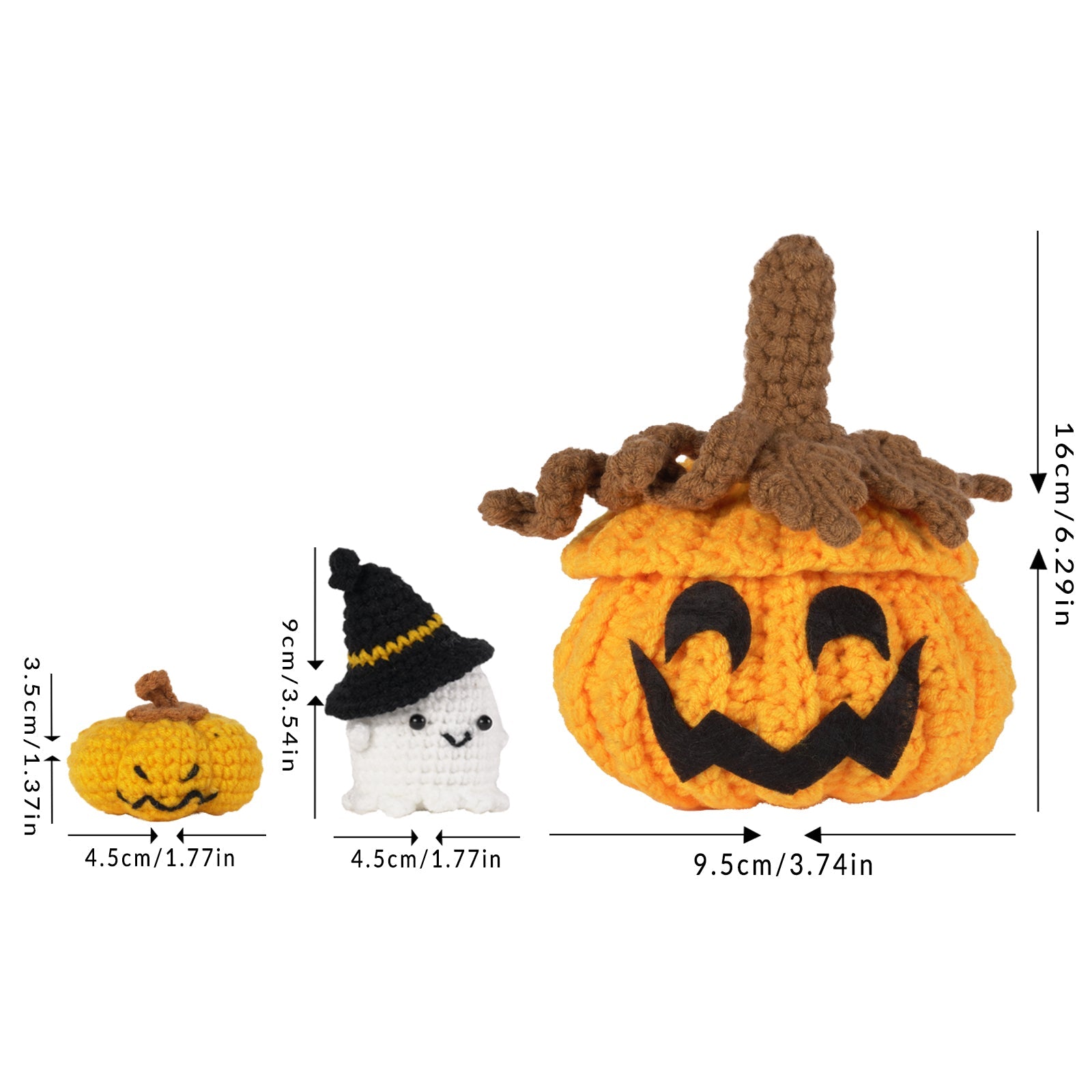 Halloween amigurumi crochet kit featuring a finished yarn pumpkin and cute little ghost plush figures — view 4