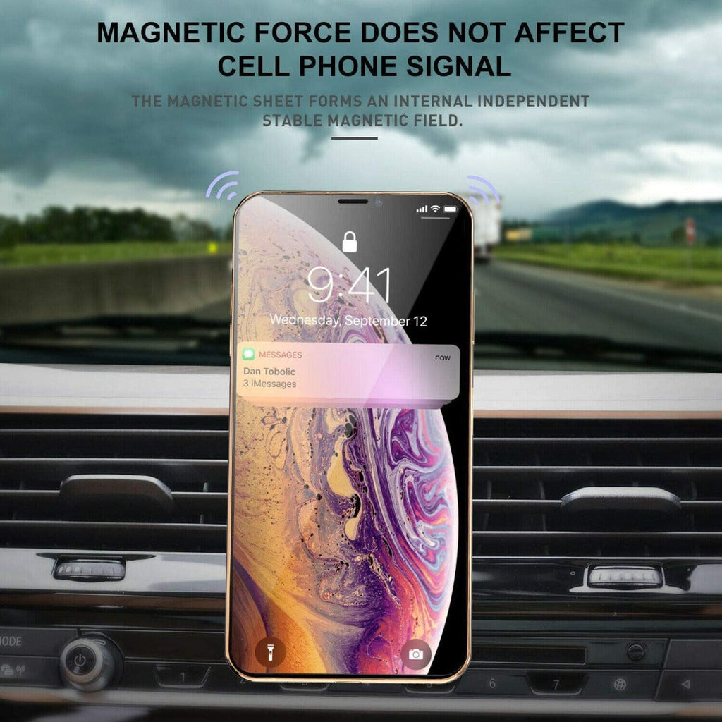 Black magnetic air vent car cell phone holder attached to a vehicle dashboard air vent — view 4