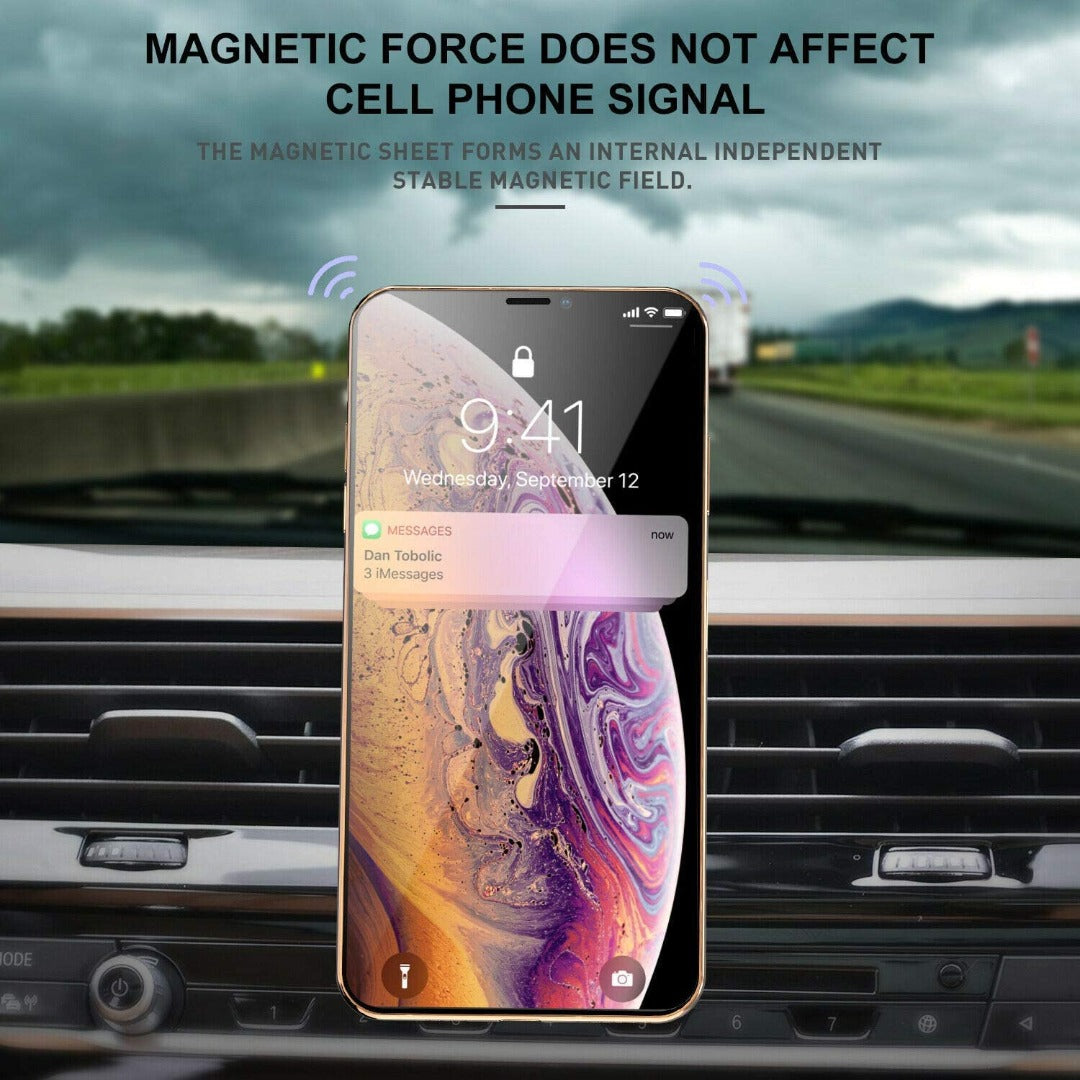 Black magnetic air vent car cell phone holder attached to a vehicle dashboard air vent — view 4