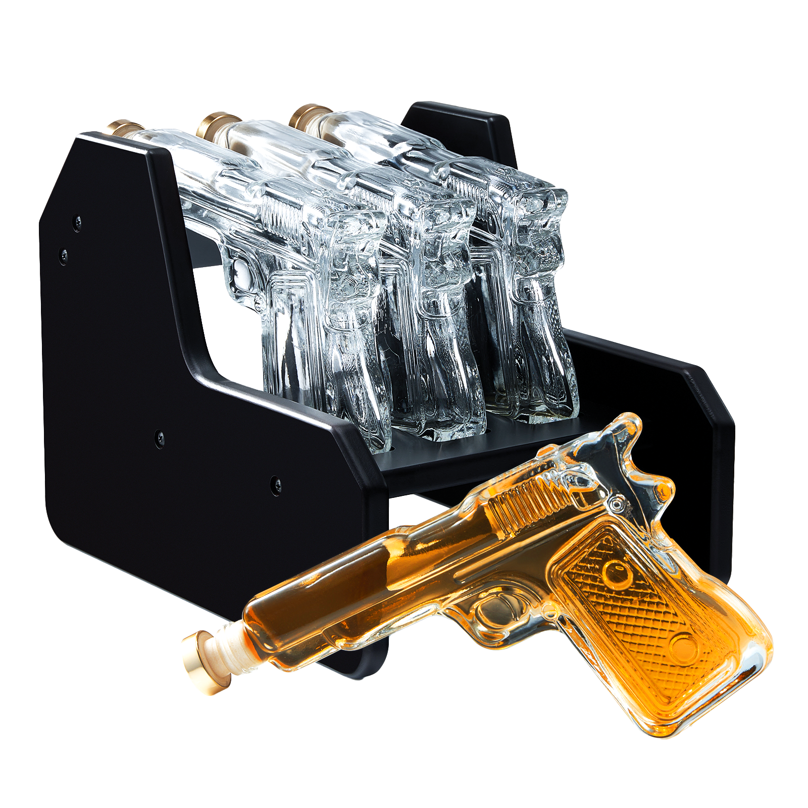 3-pistol whiskey decanter set made of glass resting on a rich mahogany wood display base