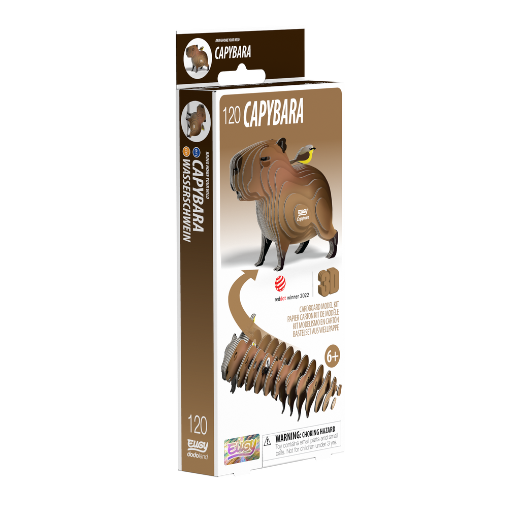 Eco-friendly 3D cardboard puzzle of a capybara with a tiny bird resting on its back