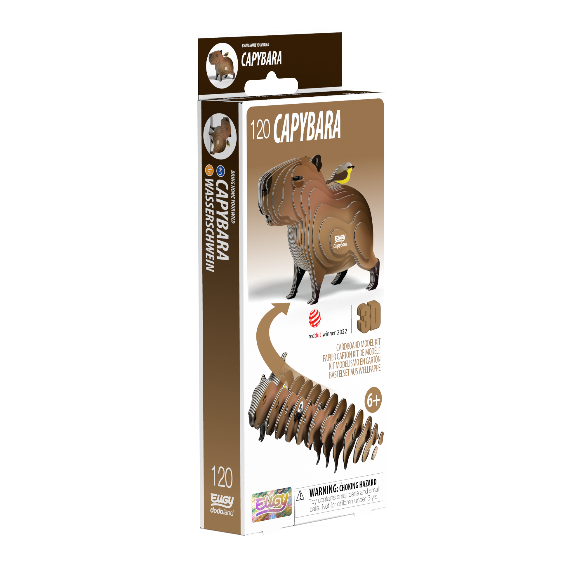 Eco-friendly 3D cardboard puzzle of a capybara with a tiny bird resting on its back