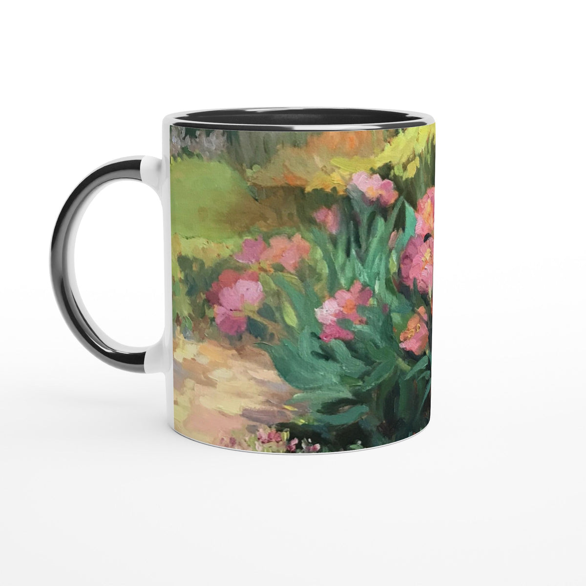 11oz White Ceramic Mug with Color Inside | Coffee Cup with 'Garden Peonies' Floral Artwork by American Artist Barbara Cleary-2