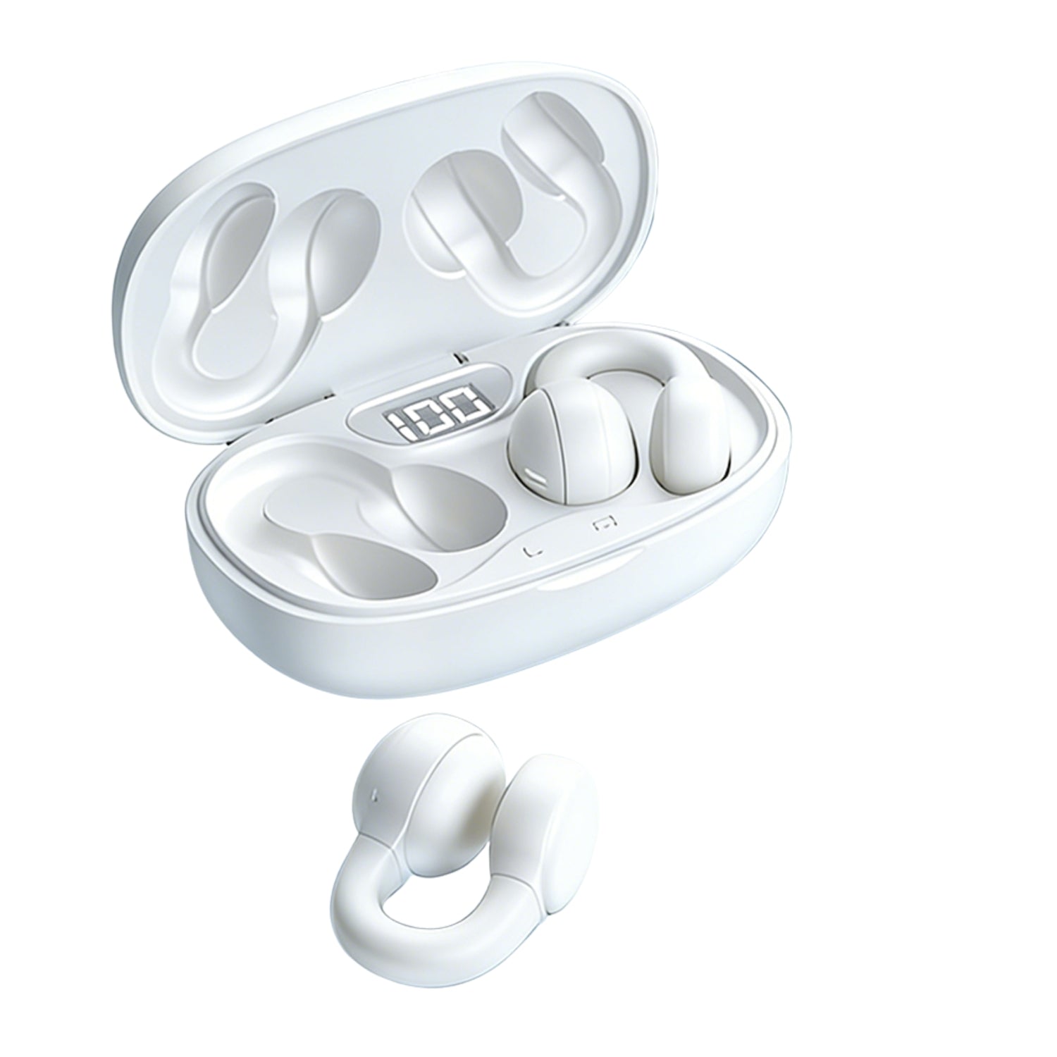 White open ear true wireless sport earbuds with clip-on design and charging case — view 3