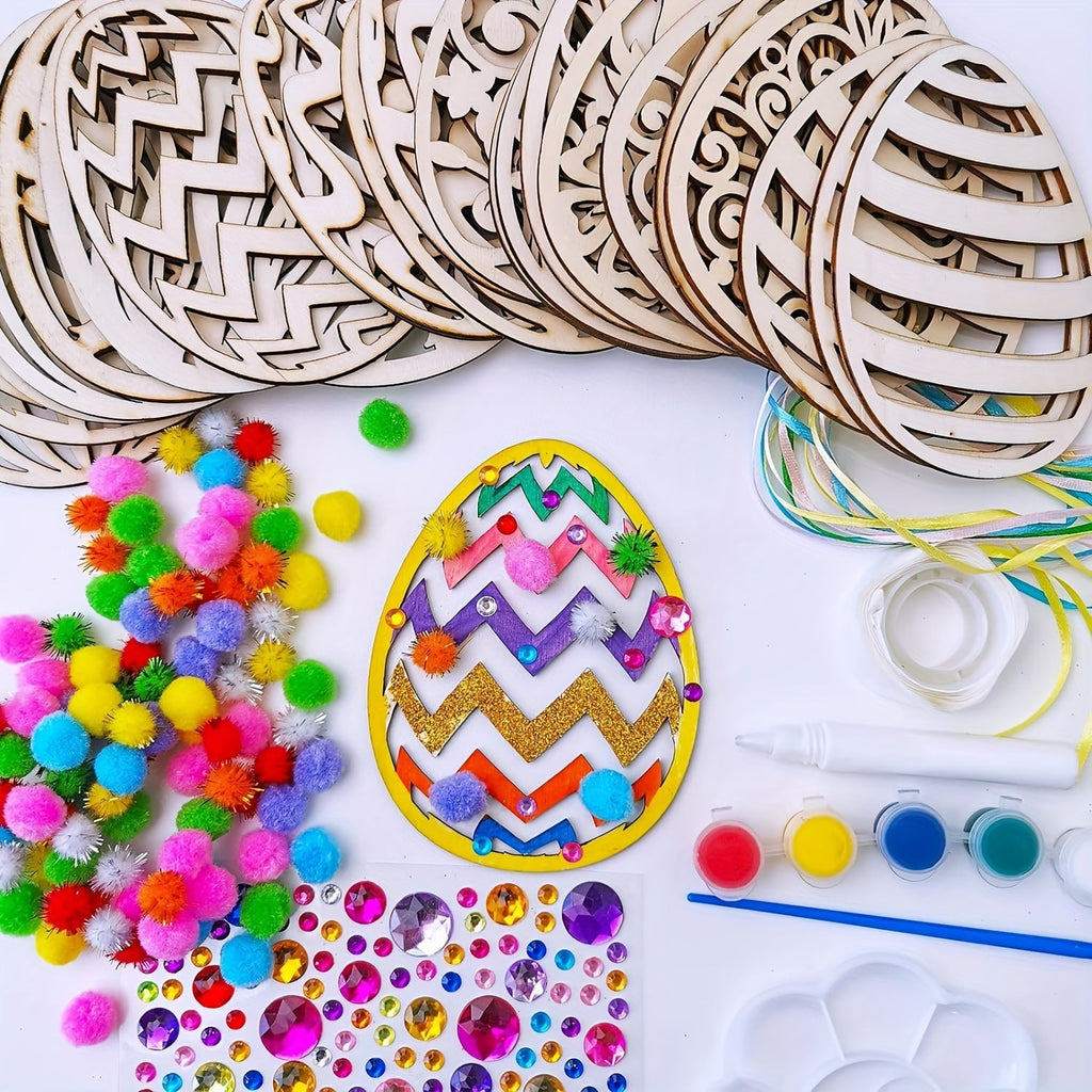 24 piece DIY wooden egg craft kit featuring unpainted hanging ornaments with etched floral patterns — view 4