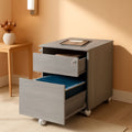 Grey rolling locking two drawer vertical filing cabinet with casters for modern home office spaces