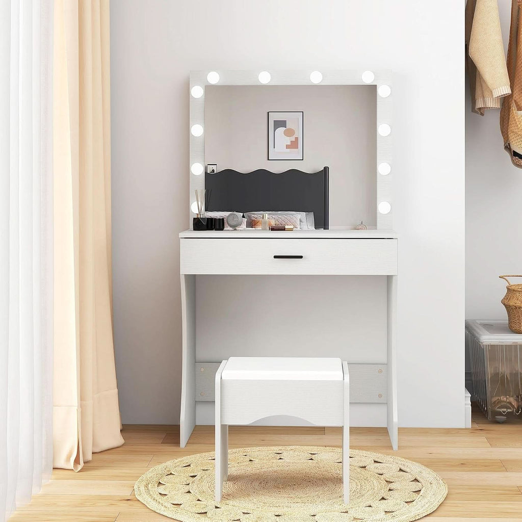 White vanity desk with 12 bright LED mirror bulbs, storage drawer, and matching vanity stool — view 3