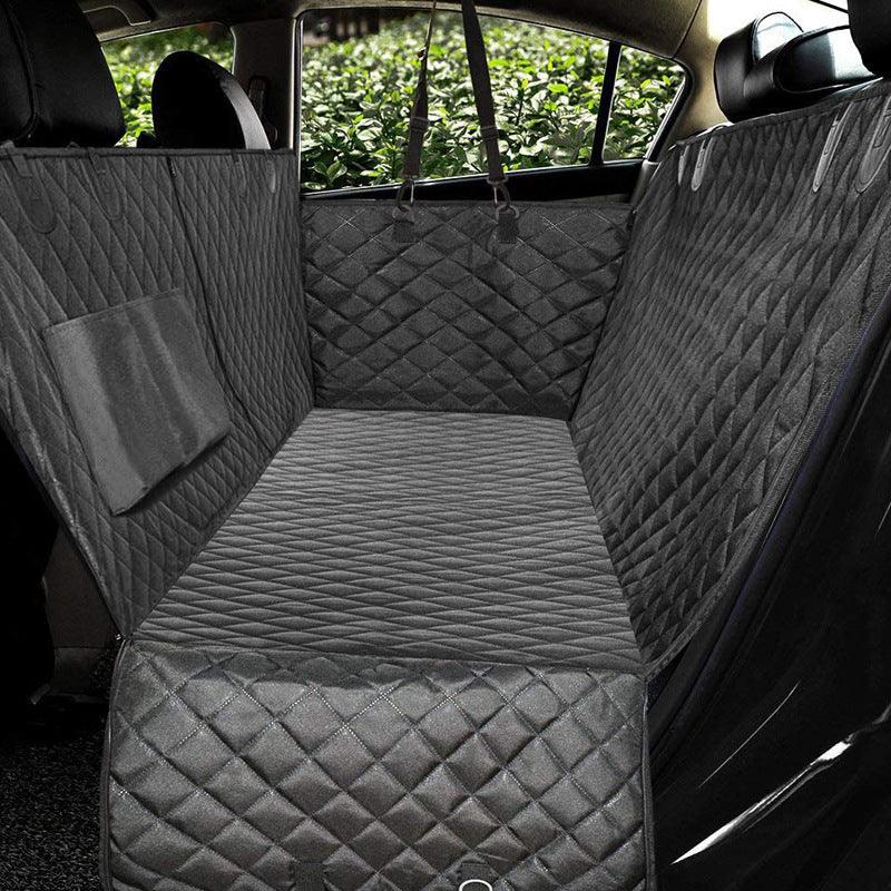 Black heavy duty waterproof pet car seat cover with mesh window installed in back seat — view 4