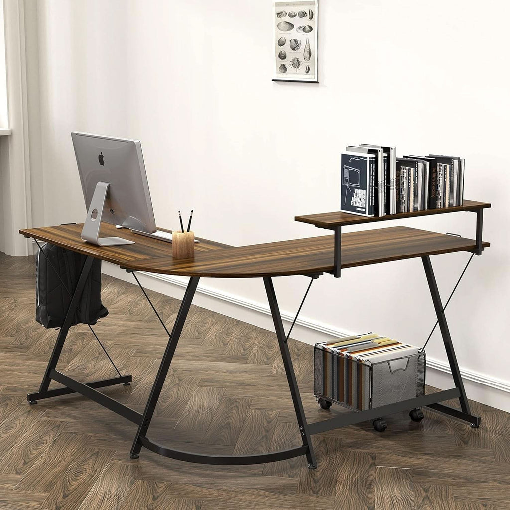 Vista L-shaped corner computer desk in walnut finish with removable monitor stand and steel frame — view 2